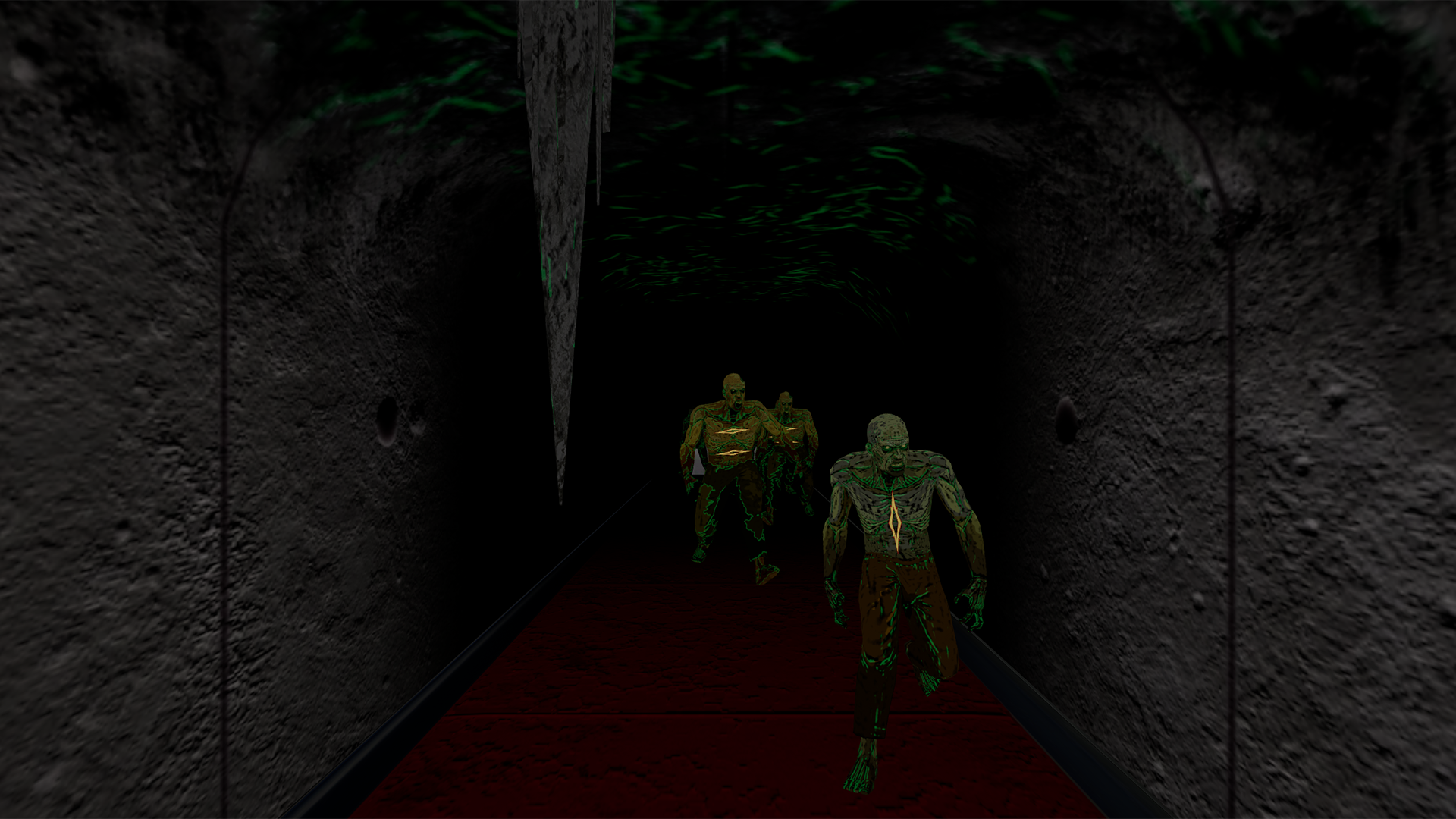 A dark, narrow stone subway tunnel lit with dim green reflections, with several zombies standing inside. Their skin is greenish and mottled, with glowing yellow‑green veins, creating a horror‑themed atmosphere.